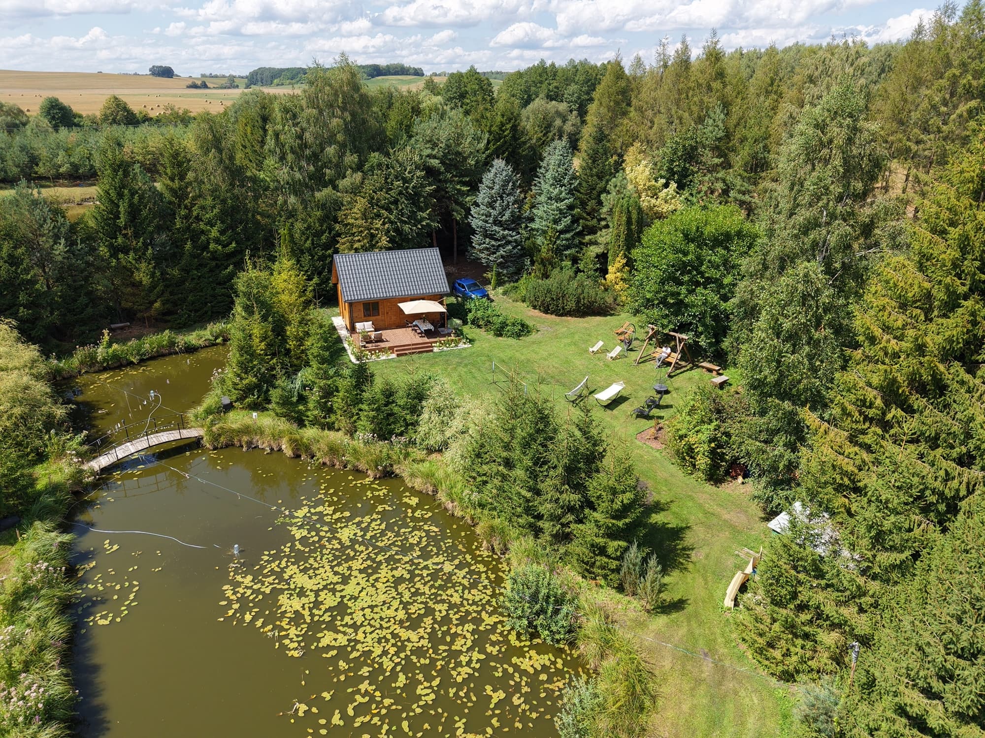 Domek z drona — staw z liliami latem